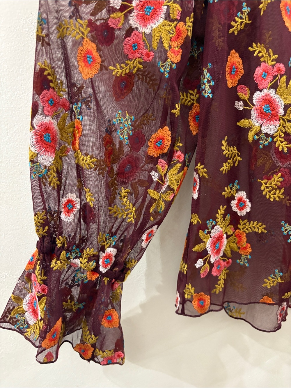 Feather and bone -Anthropologie -Sheer Floral Embroidered V-Neck Top in Burgundy - Picture 3 of 5